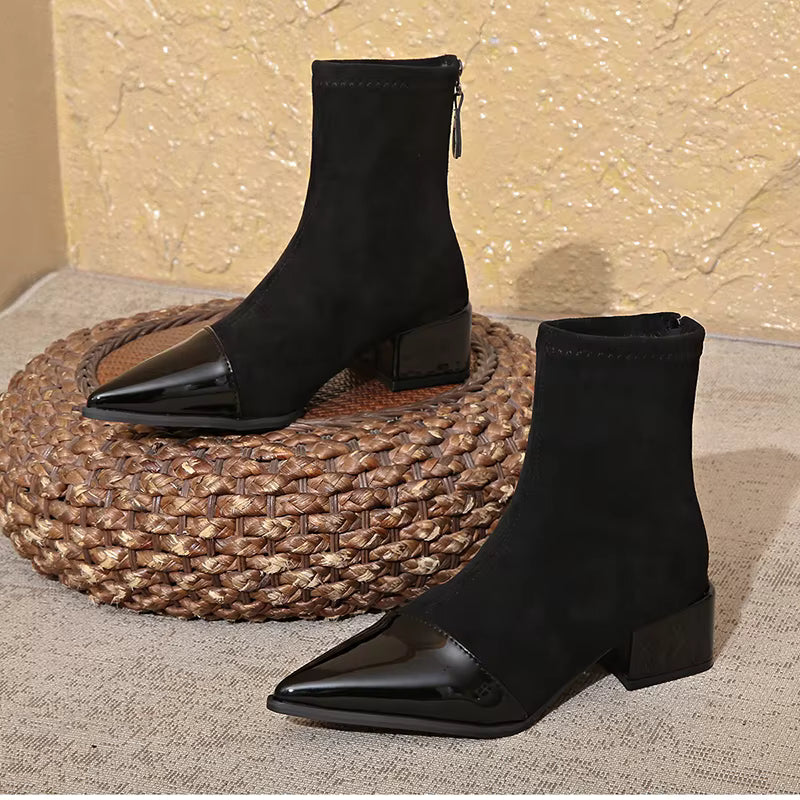 Women's Suede Block Heel Boots with Varnish Accents | Fashion Footwear 8
