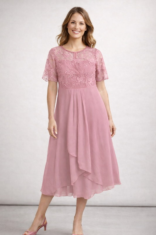 Blomsterblonde Midi Kjole | Elegant Korte Ærmer 0