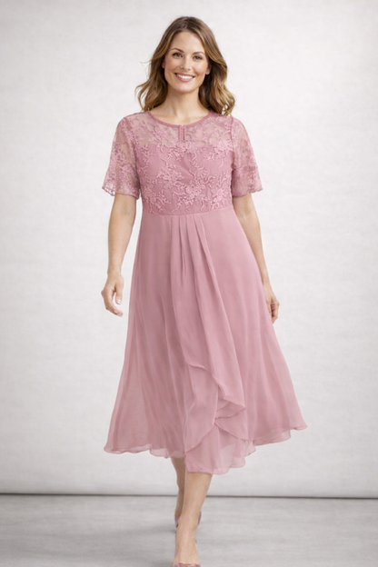 Blomsterblonde Midi Kjole | Elegant Korte Ærmer 1