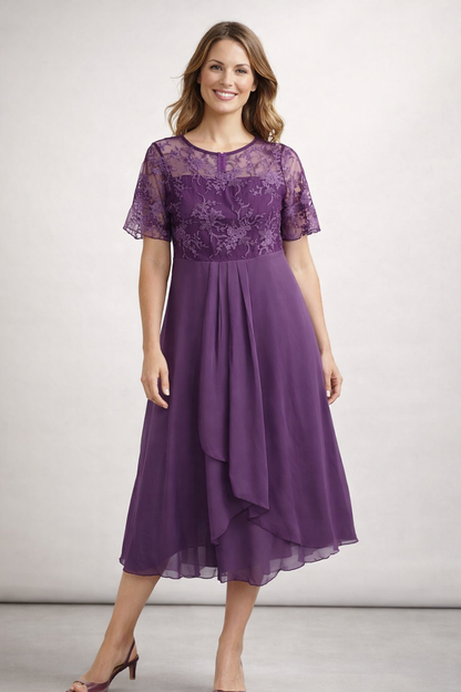 Blomsterblonde Midi Kjole | Elegant Korte Ærmer 3