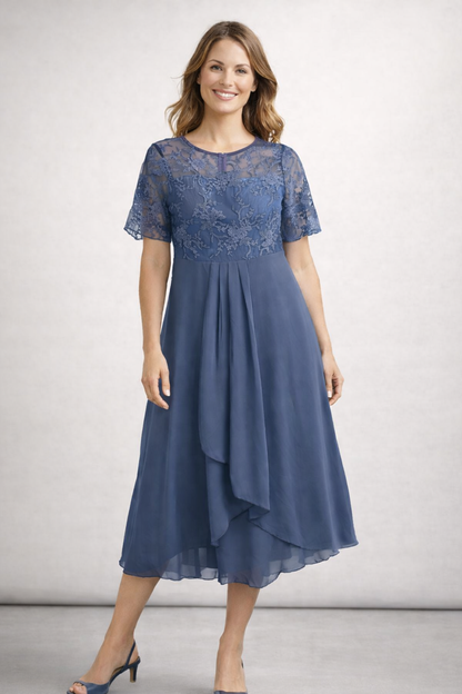 Blomsterblonde Midi Kjole | Elegant Korte Ærmer 5