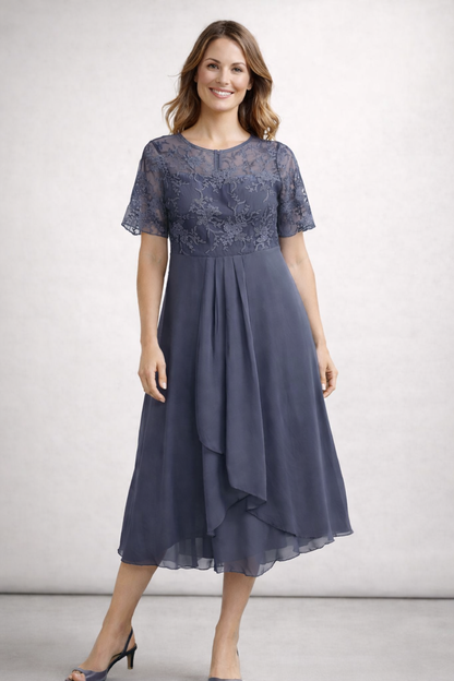 Blomsterblonde Midi Kjole | Elegant Korte Ærmer 6