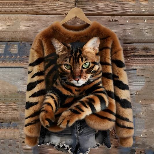 Cat Print Faux Fur Sweater | Women's Oversized Sweater 0