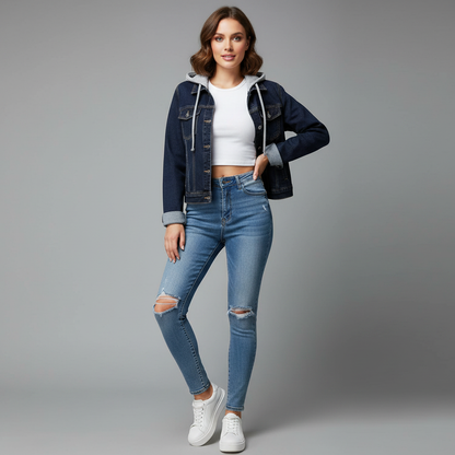 Denim Jakke Dame Med Aftagelig Hætte | Casual Overtøj