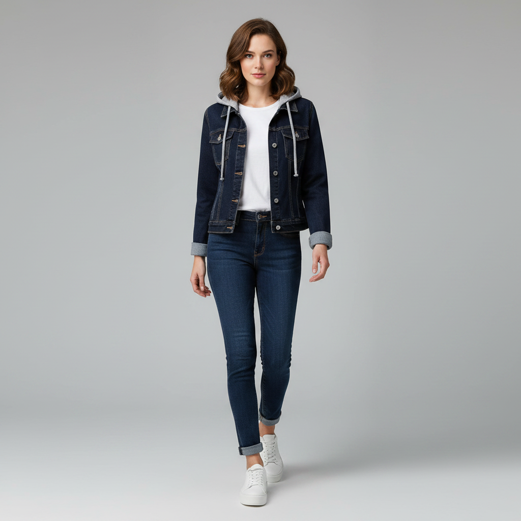 Denim Jakke Dame Med Aftagelig Hætte | Casual Overtøj