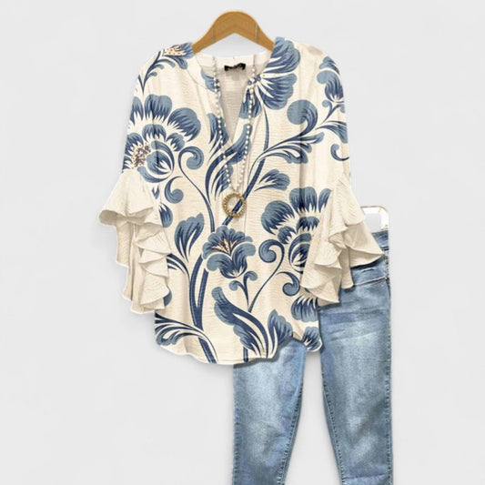 Elegant Bluse med Flæseærmer | Sommerbluse til Dame 0