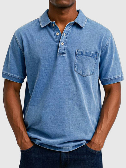 Kortærmet Bomulds-Denim Polo Skjorte | Herremode 0
