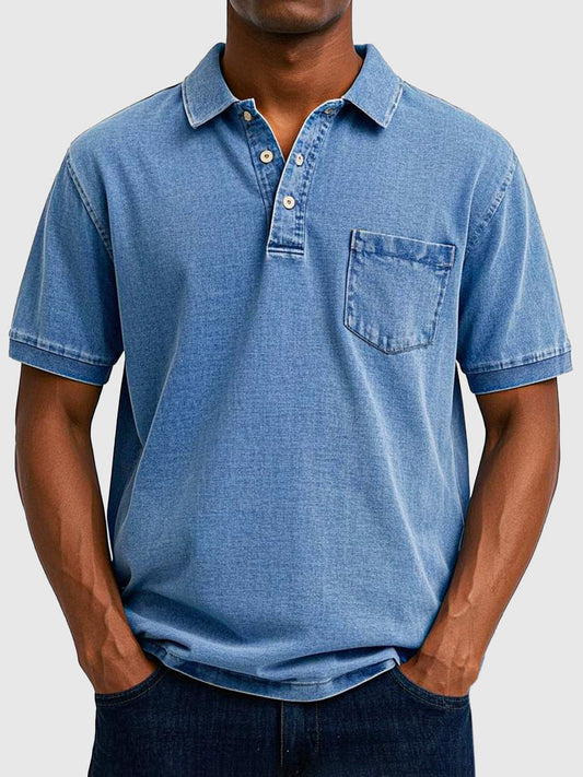 Kortærmet Bomulds-Denim Polo Skjorte | Herremode 0