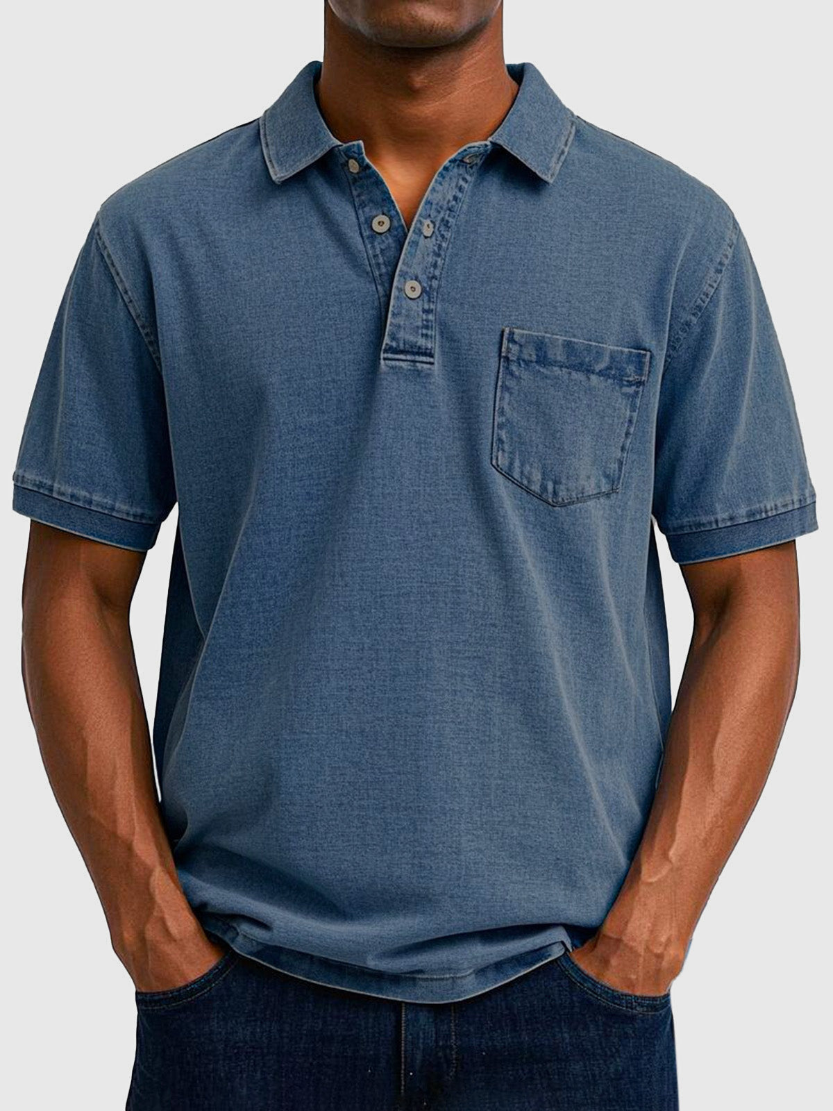 Kortærmet Bomulds-Denim Polo Skjorte | Herremode 4