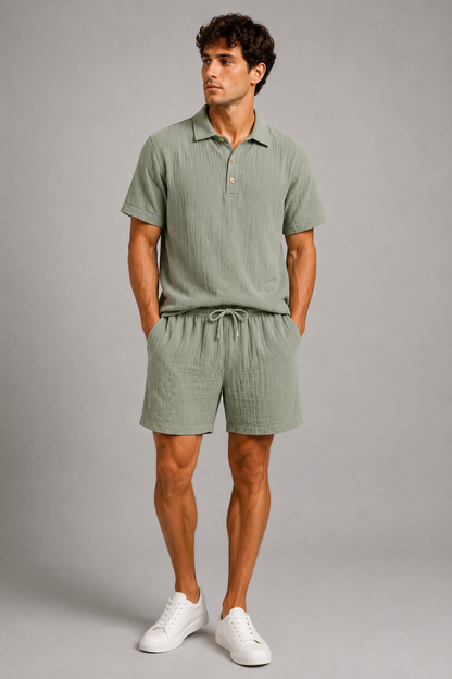 Linned Polo- og Shortssæt | Casual Sommeroutfit 1