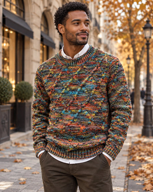 Men's Cable Knit Sweater Multi-Colour Marled Yarn 0