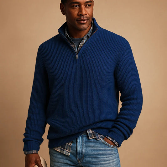 Men's Wool Quarter Zip Sweater | High Collar Ribbed Knit 0