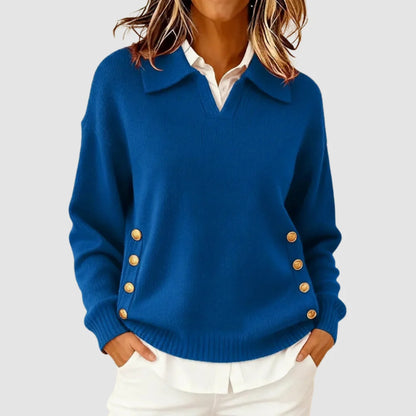 Notched Collar Women's Sweater with Gold Buttons | Relaxed Fit 1