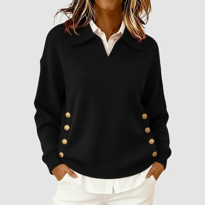 Notched Collar Women's Sweater with Gold Buttons | Relaxed Fit 3