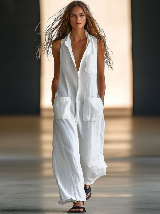 Retro Jumpsuit Hvid | Ærmeløse Overalls til Damer 0