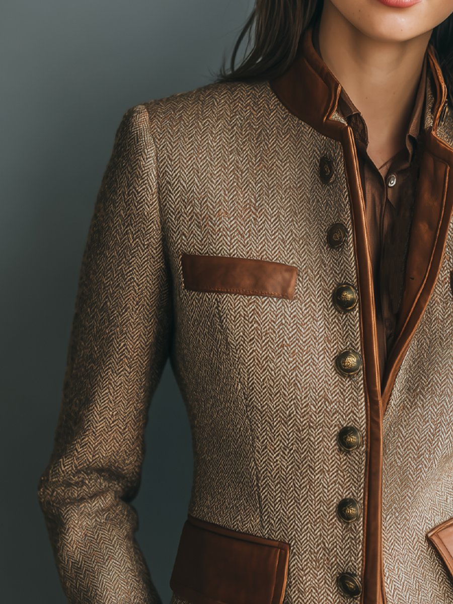 Sophia | Women's Vintage Herringbone Tweed Jacket with Leather Trim 1
