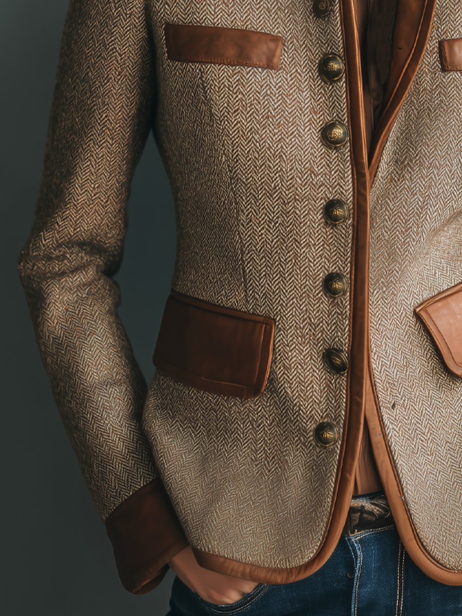 Sophia | Women's Vintage Herringbone Tweed Jacket with Leather Trim 3