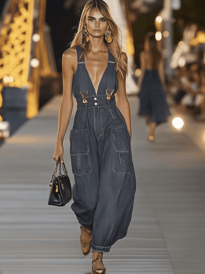 V-hals Denim Jumpsuit | Moderigtige Overalls til Kvinder 1