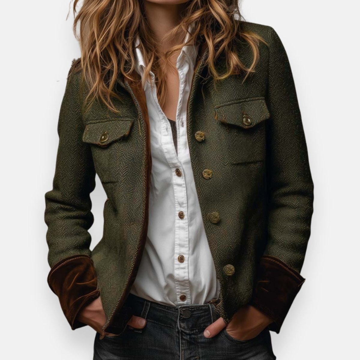 Victoria | Women's Herringbone Tweed Military Jacket with Gold Buttons 0