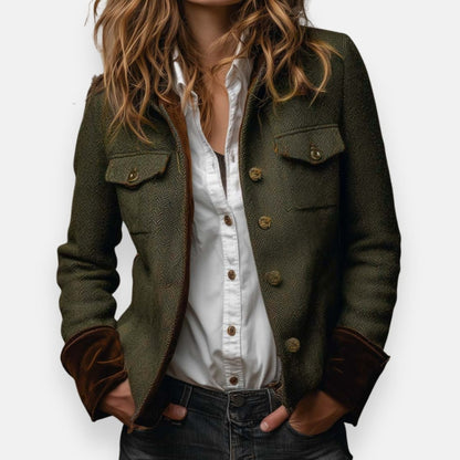 Victoria | Women's Herringbone Tweed Military Jacket with Gold Buttons 0