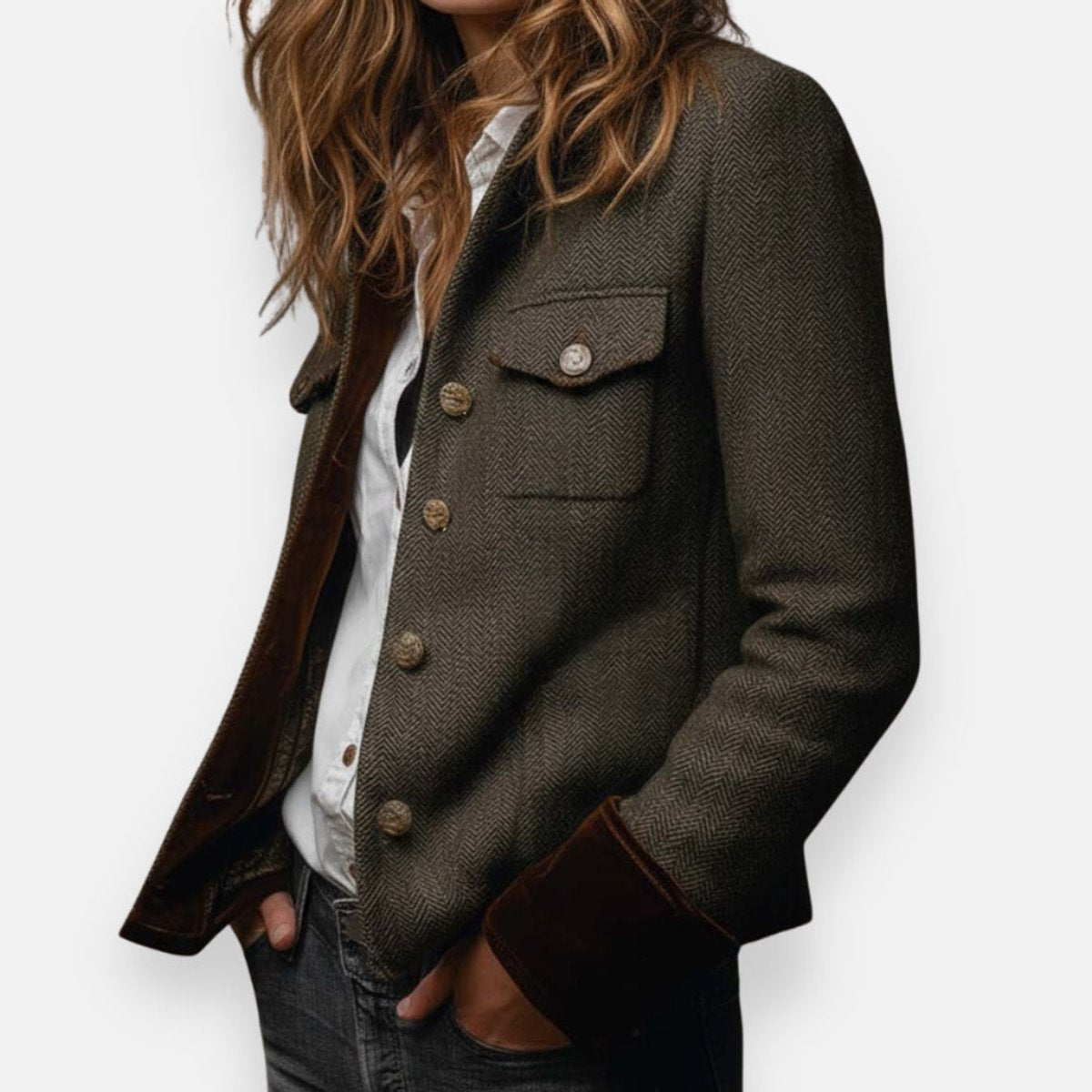 Victoria | Women's Herringbone Tweed Military Jacket with Gold Buttons 3