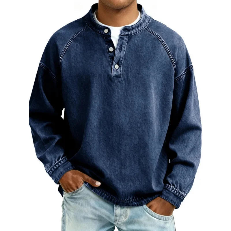 Vintage Button Long Sleeve Shirt | Textured Denim Look 2