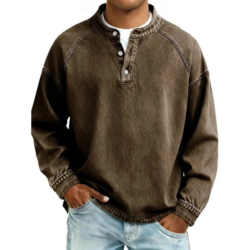 Vintage Button Long Sleeve Shirt | Textured Denim Look 7