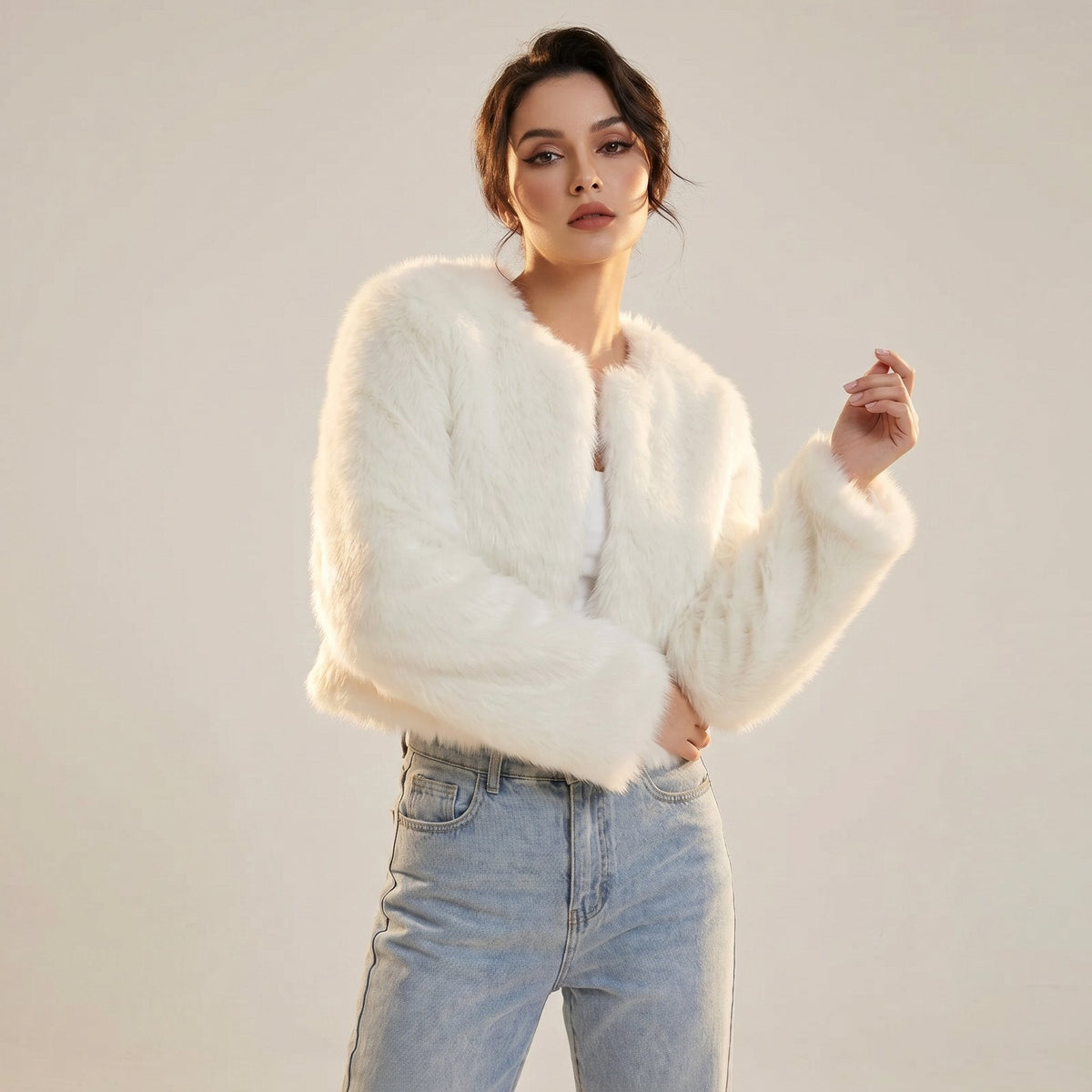 Women's Cropped Faux Fur Cardigan Jacket | Elegant Outerwear 1