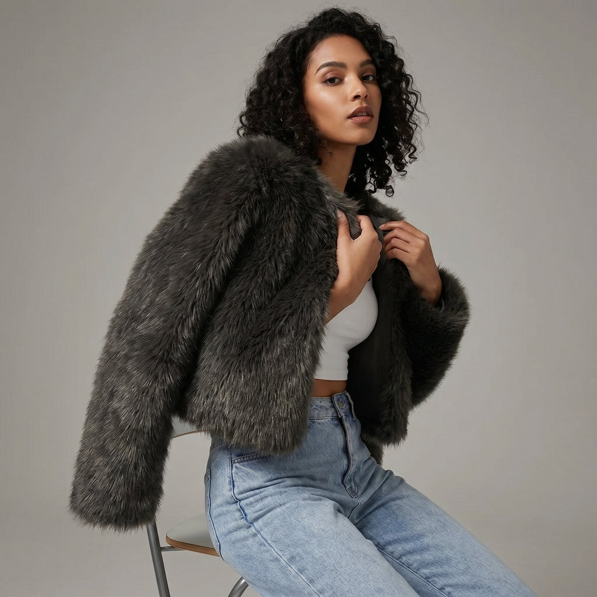 Women's Cropped Faux Fur Cardigan Jacket | Elegant Outerwear 2
